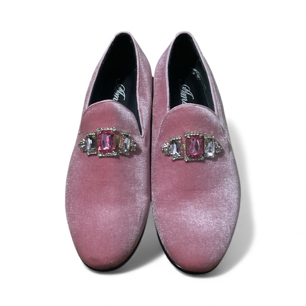 Pink Velvet Loafers with Jewel Embellishment